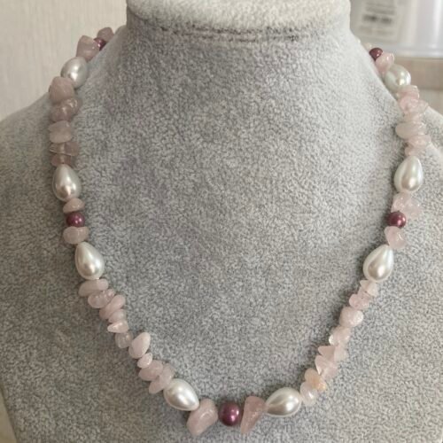 Collar chip Cuarzo Rosa con Perla Mallorca