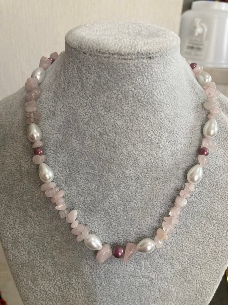 Collar chip Cuarzo Rosa con Perla Mallorca Collar chip Cuarzo Rosa con Perla Mallorca